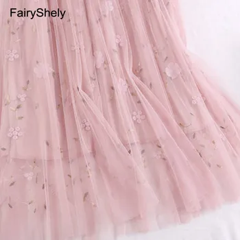 FairyShely 2020 Tila Nabrane Duge Suknje Žene Ljeto Guma Visokim Strukom Mreže Suknja Vezeni Plavi Veo Vila Suknja
