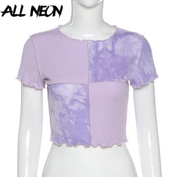 ALLNeon E-Girl Y2K Glitter Tie Dye patchwork pokrivač usjeva vrhovima slatko O-izrez ukrašen Rub kratkih rukava ljubičaste majice Vintage 90-ih