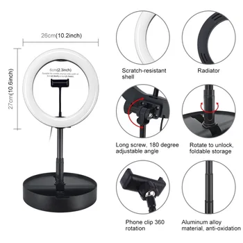 PULUZ PU480 Dimmable 10Inch LED Ring Light Selfie Photography Fill Light with Desktop Stand Holder 3 Colors Light Modes