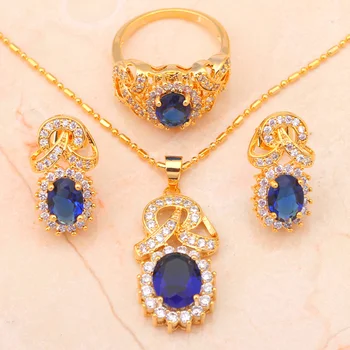 Blagi zlatni ton naušnica i ogrlica-prsten komplet nakita Cirkon austrijski plavi Kristal prsten Sz #8 #7 #9 JS431