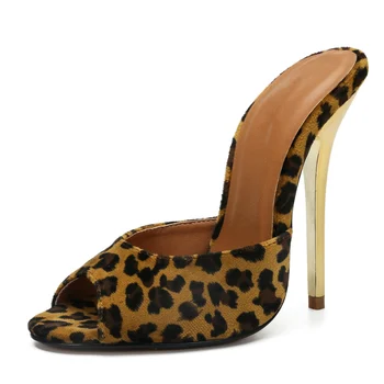 Seksi 13 cm visoke potpetice mule cipele luksuzni papuče Ženske cipele Moda slajd-Leopard crvena bijela pink papuče ljeto mazga cipela Žena