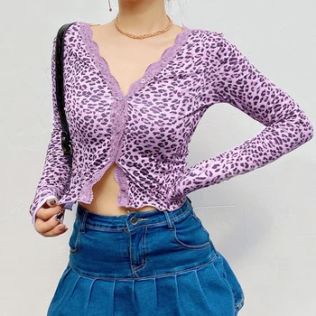 Žene V-neck, Leopard random čipke kratke majice košulje Dama pletenje soft tanak godina kardigan odjeća za žene