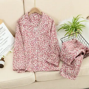Jesen i zima nove ženske pletene pamučne pidžame dugih rukava seksi pink леопардовый print home usluge pidžama set od dva komada