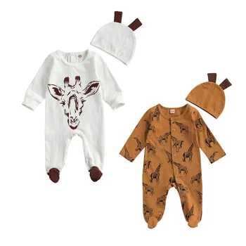 2020 novi 0-6M infant Djevojčica i Dječak Proljeće žirafa ispis 2 komada komplet dugi rukav Footie+Rog kapa kavu/bijela novorođenče odjeću