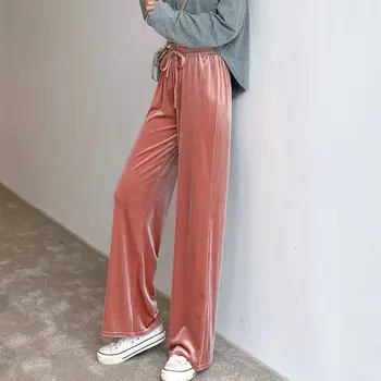 Dasswei moda velur široke hlače Za Žene Jesen Zima svakodnevni visokim Strukom čvrste duge slobodne ravne hlače Femme korejski