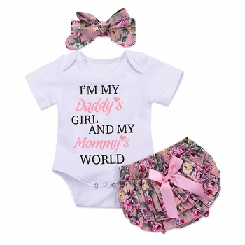 Baby Girl Clothes Set With Headband Casual Short Sleeve Letter Print Romper Tops Cvjetni Gaćice Gaćice Komplet Odjeće