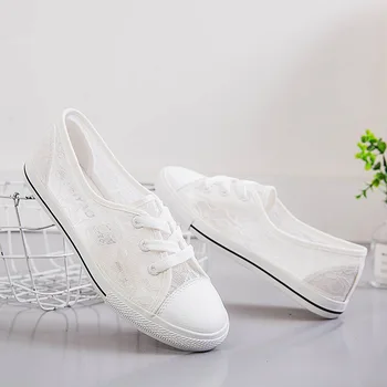 SWONCO Seksi Lace White Shoes Women Flats Sneakers Summer 2020 New Female Causal Cipele Black Platna Vulcanize Sneakers For Women