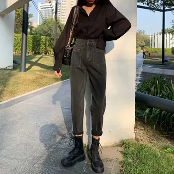 Korejski Visokim Strukom Traperice Žene Ženske Sportske Hlače Free Casual Plus Size High Street Traper Hlače Pantalon Femme Vintage S Pojasom B90