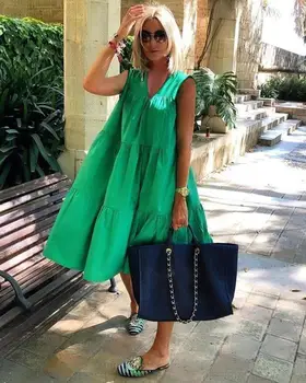 Z-zoux žene oblače V-izrez bez rukava zelena vintage haljine plus veličine slobodne svakodnevne duge ljetne haljine ljetna odjeća žene 2020