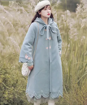 2020 Jesen Zima Dugi Vuneni Kaput Kaput Žene Japanski Stil Mori Djevojka Svježi Cvijet Plavi Vez S Kapuljačom Mornarska Jakna Dame