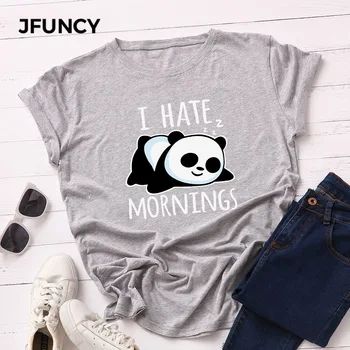 JFUNCY plus size lijeni panda tiskanje majica korejski ženska pamučna majica ljetnim tees majice kratkih rukava žena Ženska polo majica