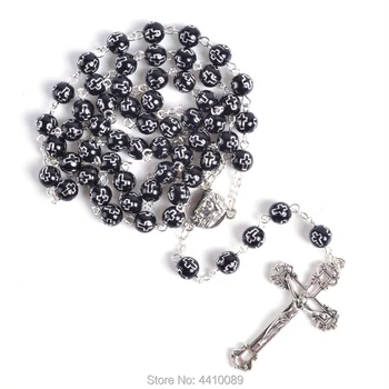 Modni popularne vjerske okrugle crne akrilne perle Isus i Marija krunice ogrlica