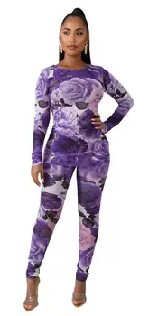 Ženska moda mreže bistra cvjetni print top i olovka hlače klub komplet od 2 komada odjeće sportski odijelo sportski kostimi
