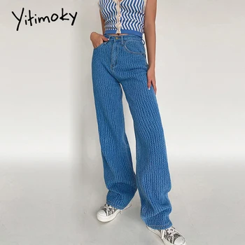 Yitimoky ravne široke traperice za žene 2021 novi Visoki Struk moda plavi traper slobodan mama hlače odjeća vintage ulični bend
