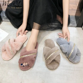 2020 ženske kućne papuče zimu tople cipele Woman Slip on Flats Slides ženske papuče od umjetnog krzna 36-41 prodaja na Veliko
