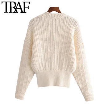 TRAF ženski moda s rebrastim šipkama daske kabel-plesti džemper vintage o vrat dugi rukav ženski puloveri šik vrhovima