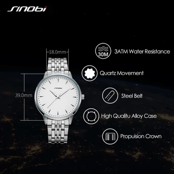 Sinobi 2020 muški satovi su originalni dizajn 39 mm, bijela svakodnevni posao od nehrđajućeg čelika muški sat svijetleći gospodo ručni sat