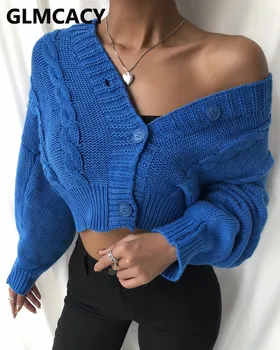 Žene V-izrez obična topla jednostavna kabel plesti gumb dizajn žetve kardigan džemper