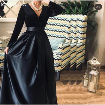 Novi dolazak V vratove s dugim rukavima Prom haljina 2021 Vestidos Crni Baršun satin Dubai muslimansko večernje haljine plus veličine