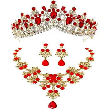 Barokne Klasicni Zlato Crveni Kristal Vjenčanje Nakit Setovi Ogrlica I Naušnice Tiaras Crown Zelena Plava Vjenčanje Afrički Perle Komplet Nakita