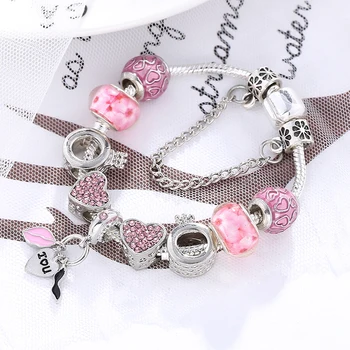 BAOPON visoke kvalitete europski stil pink crystal posrebreni perle Šarm narukvice za žene originalni brand narukvica nakit