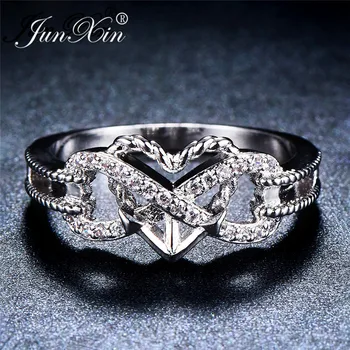 JUNXIN Vintage Silver Color Love Heart prsten za žene val beskonačno prsten inlay Bijeli Cirkon svadbeni nakit pokloni