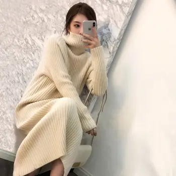 Zimsko korejski Maxi duga haljina pletenje prugasta pletene najbolji džemper, pulover dugih rukava žene kardigan Pull Femme водолазка