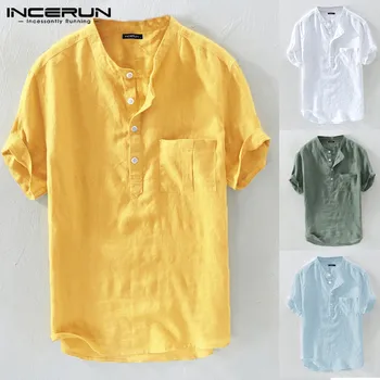 INCERUN ljetnim svakodnevne muške košulje štand ovratnik čvrste pamučne bluze kratkih rukava ulica odjeća marke majice Harajuku Camisas Hombre