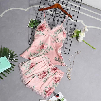 Seksi satin пижама ženska ljetna Пижама za žene s grudima Pad Sleep Lounge пижама skup Femme moda cvijet pidžama