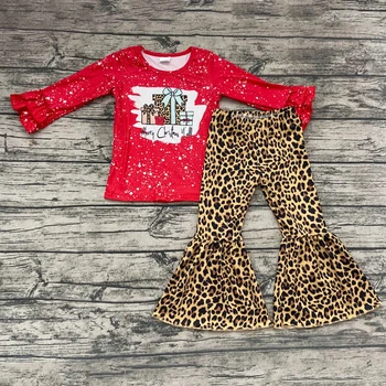 Novi dolazak crtani odjeću djeca zimski outfit Božić stil crveni top gepard flare hlače 2 kom. komplet