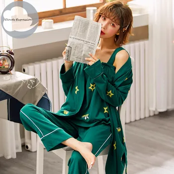 Proljeće i jesen su pamuk 3 kom. kompleta elegantne ženske pidžame Ženske pidžame Dama zeleni dnevni boravak osnovna odjeća, moda