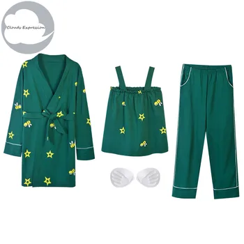 Proljeće i jesen su pamuk 3 kom. kompleta elegantne ženske pidžame Ženske pidžame Dama zeleni dnevni boravak osnovna odjeća, moda