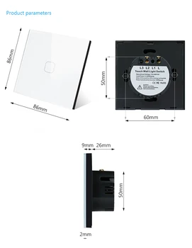 Minitiger 1 Gang 2 Way EU Standard Control Wall Touch Screen Switch,bijela traka iz kristalne čaše,poprečni/prolazni prekidač,2 kom/pak.