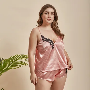 DOIB Women Pink Silk Satin Pajamas Set Seksi Spaghetti Strap odjeća za spavanje 2 Pieces Suit Homewear Short Plus Size Nightwear
