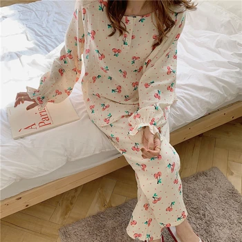Velika trešnja ispis kućna odjeća ženska pidžama skup košulja dugih rukava pidžama hlače, pidžame dugih rukava slobodan spavaćice Y105