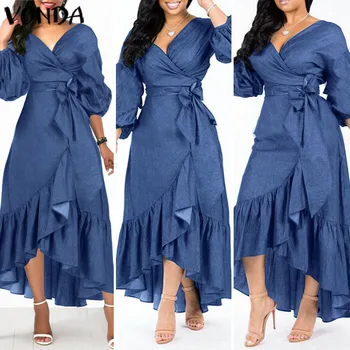 2021 VONDA Summer Long Maxi Dress Plus Size Žene Seksi 3/4 Lantern Sleeve Dress Office Ladies Bohemian сарафан Casual Vestido