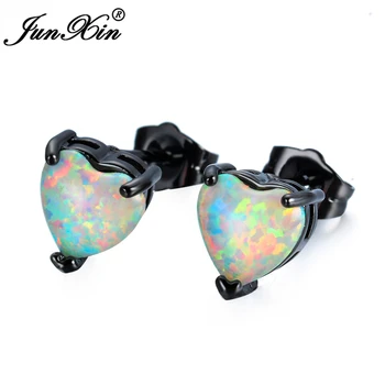 JUNXIN Fashion Female Small Heart Earring White Fire Opal Stud Earring Black Gold Filled Jewelry obostrani naušnice za žene