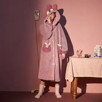 SOUGEN pidžama žene pink luk s kapuljačom pidžama coral runo žene osnovna odjeća zima svakodnevni crtani patka pidžama debele žene