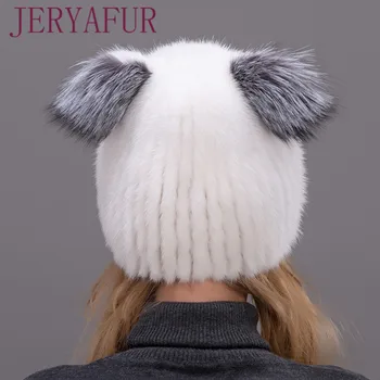 Nova moda kvalitetna ženska zimska ženska vertikalni pruća šešir pravi prirodni lisica kuna, krzno kapa prekrasna mačka uši stil kape