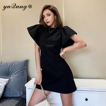 Yuqung Women Short Vintage black Dress fly sleeve Office bodycon Dress Elegant Ladies party bandage mini Dress vanjska odjeća
