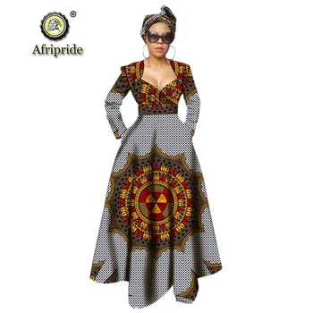 Afrički haljine za žene Ankara ispis haljina + šlem v vrat duge maxi haljina stranke dashiki odjeću vosak AFRIPRIDE S1925106