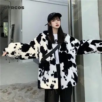 UVRCOS korejski zima nova moda kaput Harajuku krave ispis besplatan puni rukava kožna jakna stare flanel toplo pamuk C
