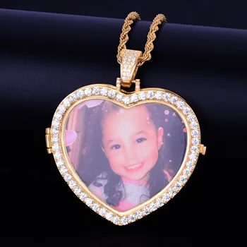 Izrađene po mjeri Foto srce medaljonima ogrlicu i privjesak s 4 mm teniske lancem zlatna boja kubni Cirkon gospodo hip-hop nakit