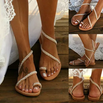 Žene Boho Crystal sandale križ čarapa prsten ravne sandale za ljeto ALS88