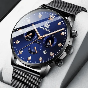 2020 Hot SHAARMS Fashion muški ručni sat Blue DialCasual kvarcni sat od nehrđajućeg čelika Mesh Band Watch Date Clock Reloj Hombre