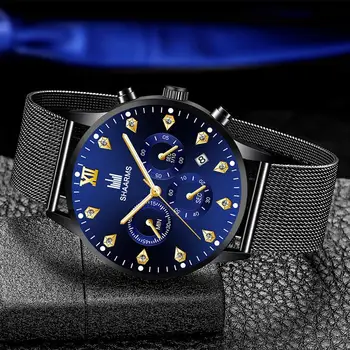 2020 Hot SHAARMS Fashion muški ručni sat Blue DialCasual kvarcni sat od nehrđajućeg čelika Mesh Band Watch Date Clock Reloj Hombre