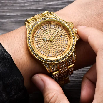 Luksuzni Muški Sat Full Gold Diamond Clock Top Brand Hip-Hop Kvarcni Ručni Sat Ice Man Out Waterproof Date Clock Poklon Za Muškarce