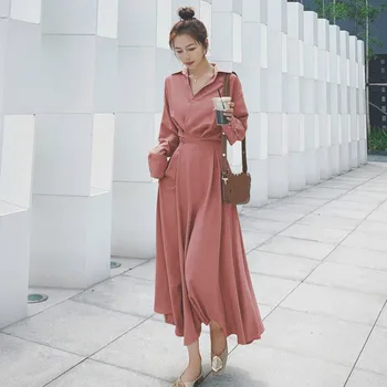 LANMREM 2021 proljeće elegantan gusta, čvrsta покрой i расклешенная плиссированная struk dugi rukav dužine do gležnja haljina za žene korejski tkanina 2A280