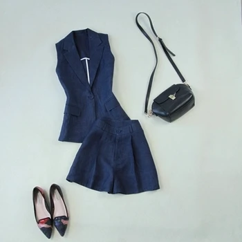 Trendi ženski odijela ženski ljeto nove lana fine kostime prsluk + široke hlače s visokim strukom Kratke hlače plavo odijelo