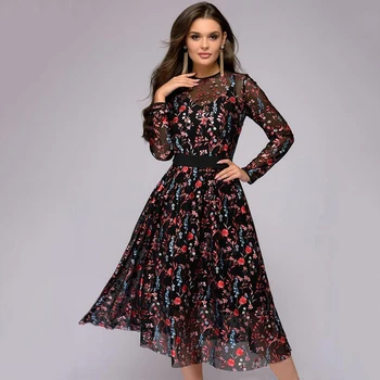 Seksi žene jeseni cvjetni vez dužine do koljena haljina Sheer Mesh Vintage Boho A-line See-through Black 2018 Elegant Vestidos